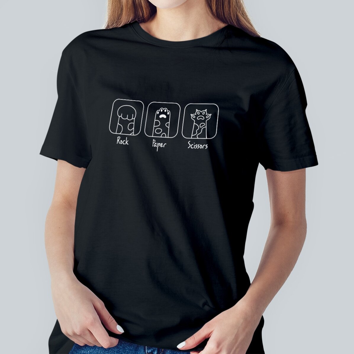 Camiseta de algodón personalizada con el texto «Rock, paper, scissors»