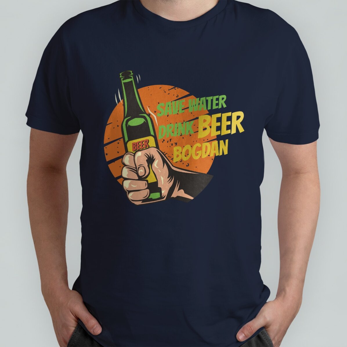 Camiseta de algodón personalizada con el texto: «Save water, drink beer»