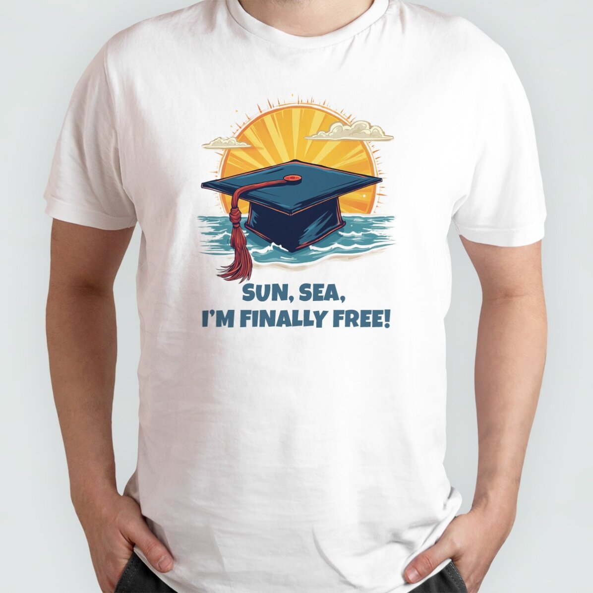 Camiseta de algodón personalizada con el texto: «Sun, sea, finally free»