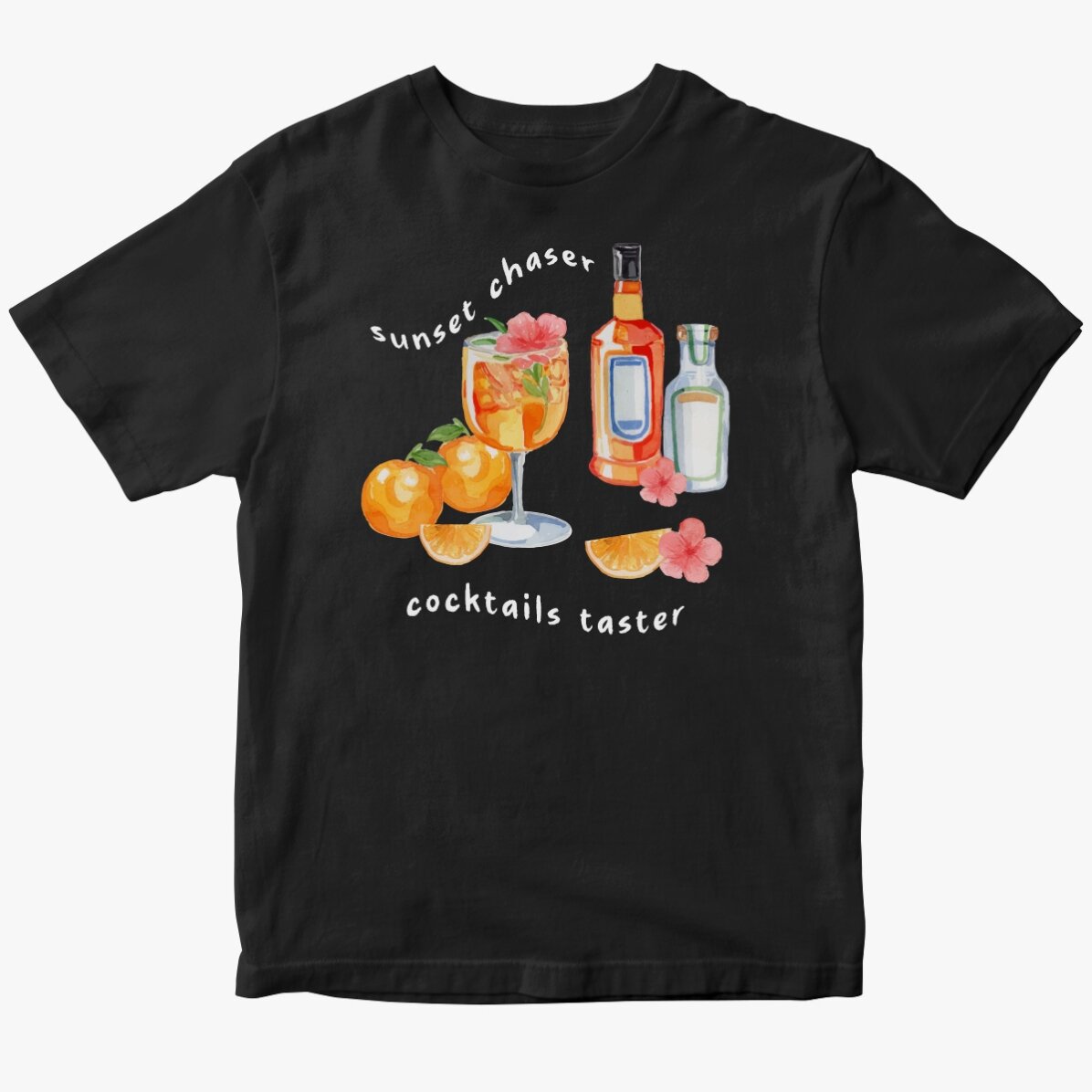 Camiseta de algodón personalizada con texto: «Sunset & cocktails»