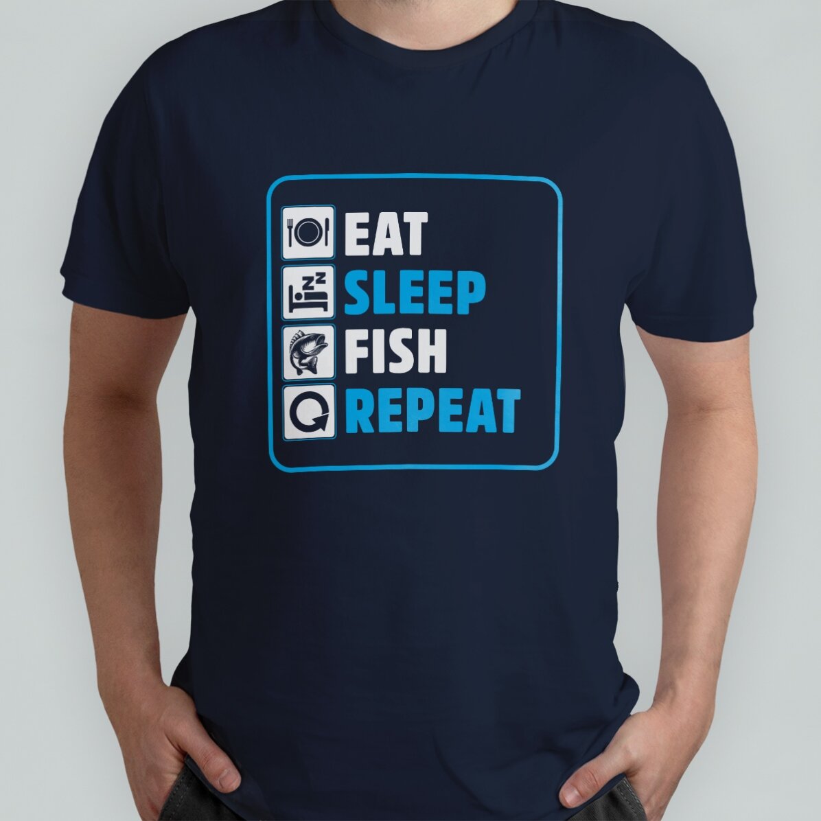 Camiseta personalizada con el texto «Eat sleep fish repeat»