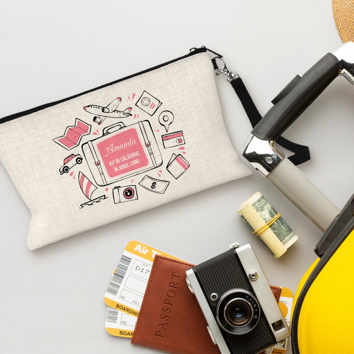 Set de accesorios personalizado con texto: «La vuelta al mundo»