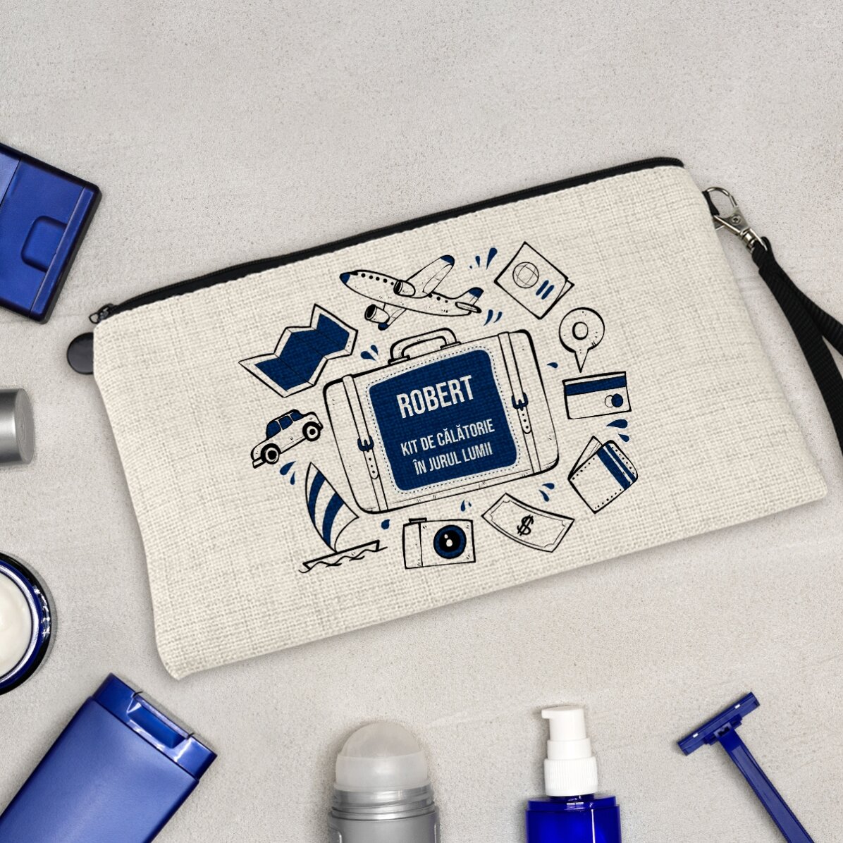 Set de accesorios personalizado con texto: «La vuelta al mundo»