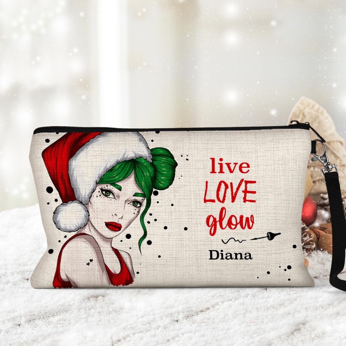 Set de maquillaje personalizado con el texto «Live Love Glow»