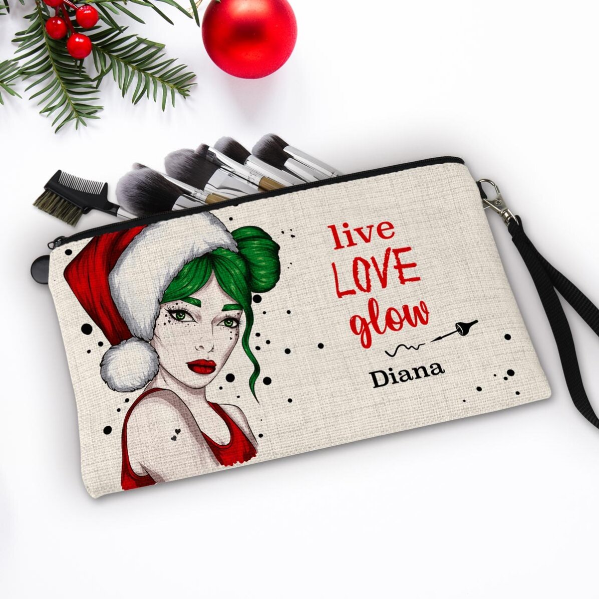 Set de maquillaje personalizado con el texto «Live Love Glow»