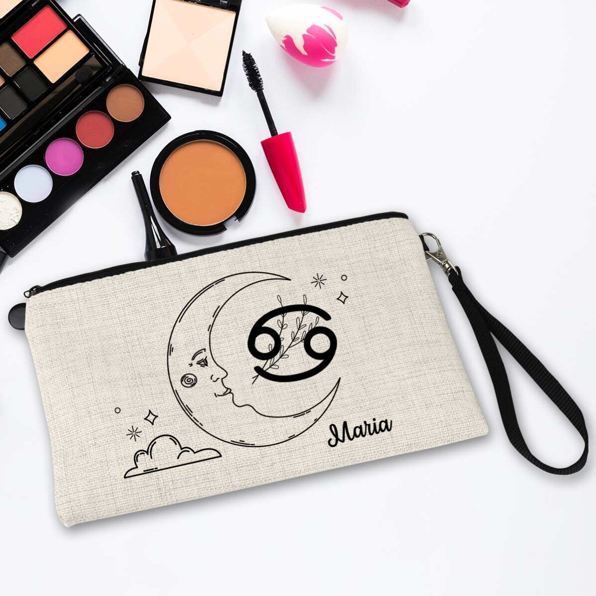 Estuche de maquillaje personalizado con texto: el signo del Cáncer