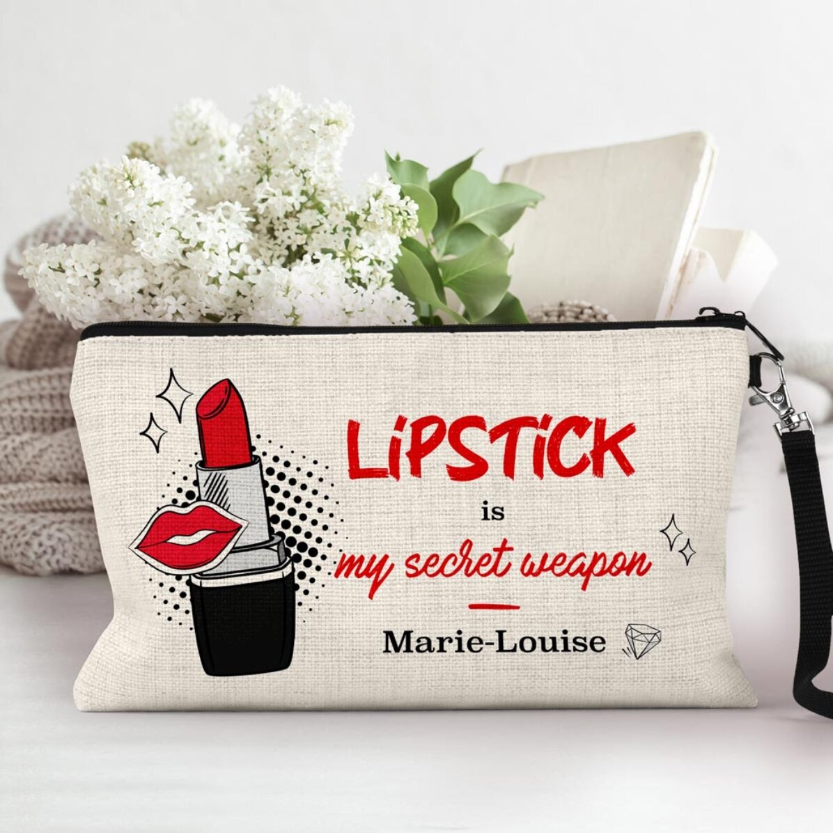 Estuche de maquillaje personalizado con texto: «My secret weapon»