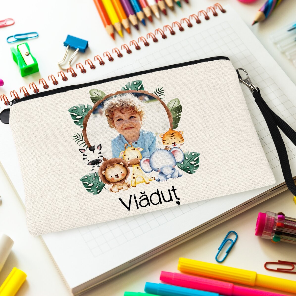 Estuche escolar personalizado con foto y texto - Animalitos