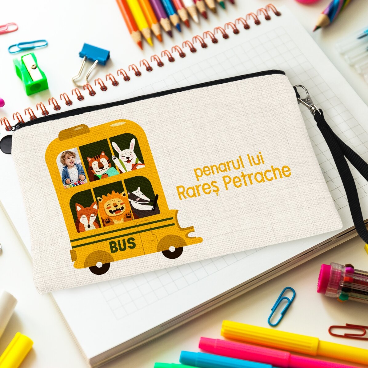 Estuche escolar personalizado con foto y texto - Autobús