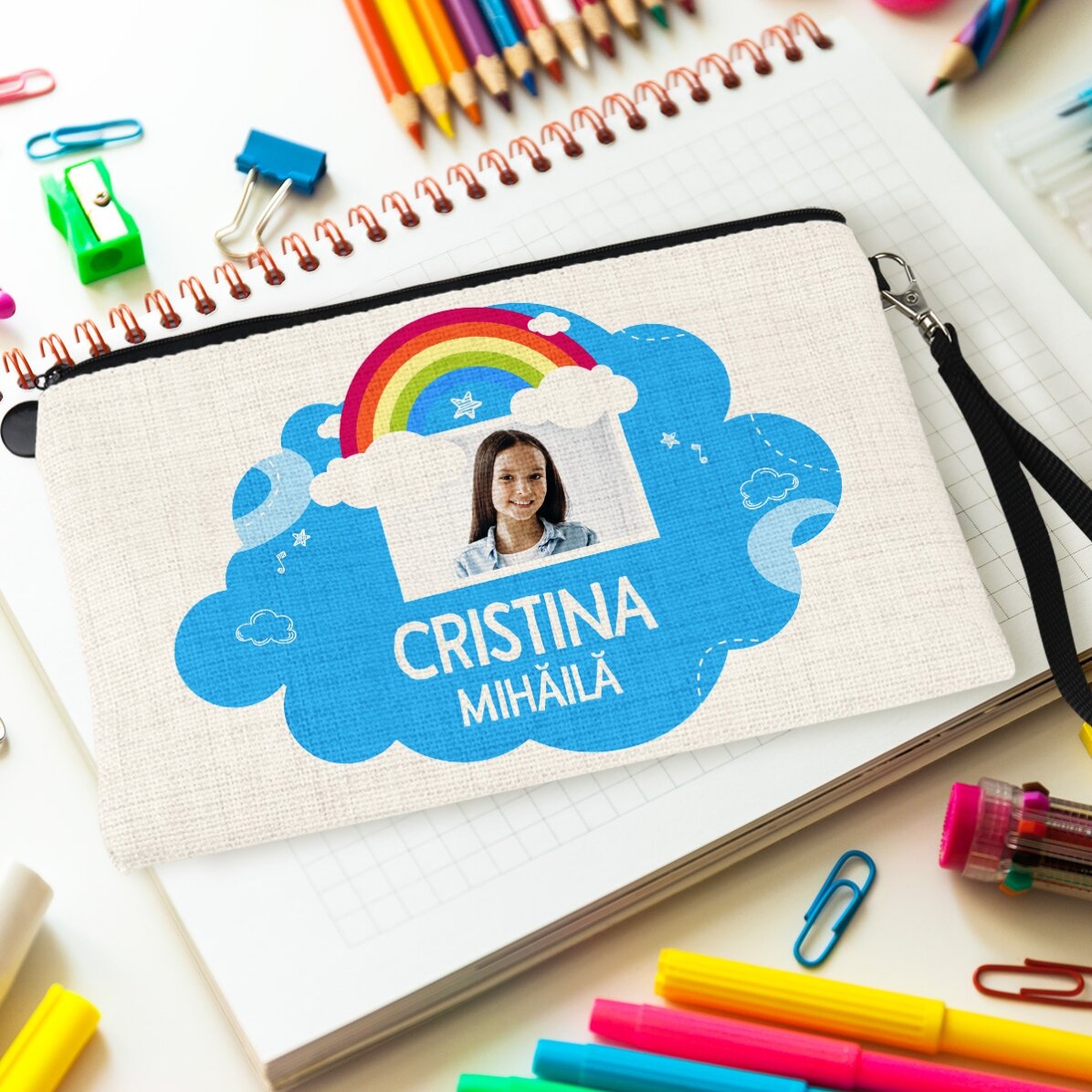 Estuche escolar personalizado con foto y texto - Modelo arcoíris
