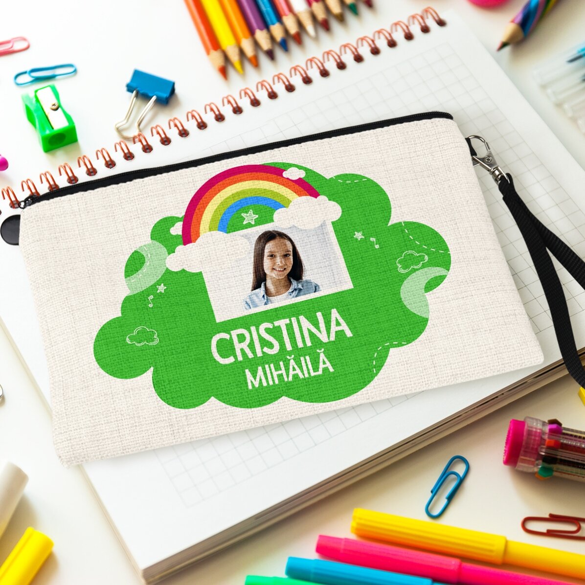 Estuche escolar personalizado con foto y texto - Modelo arcoíris