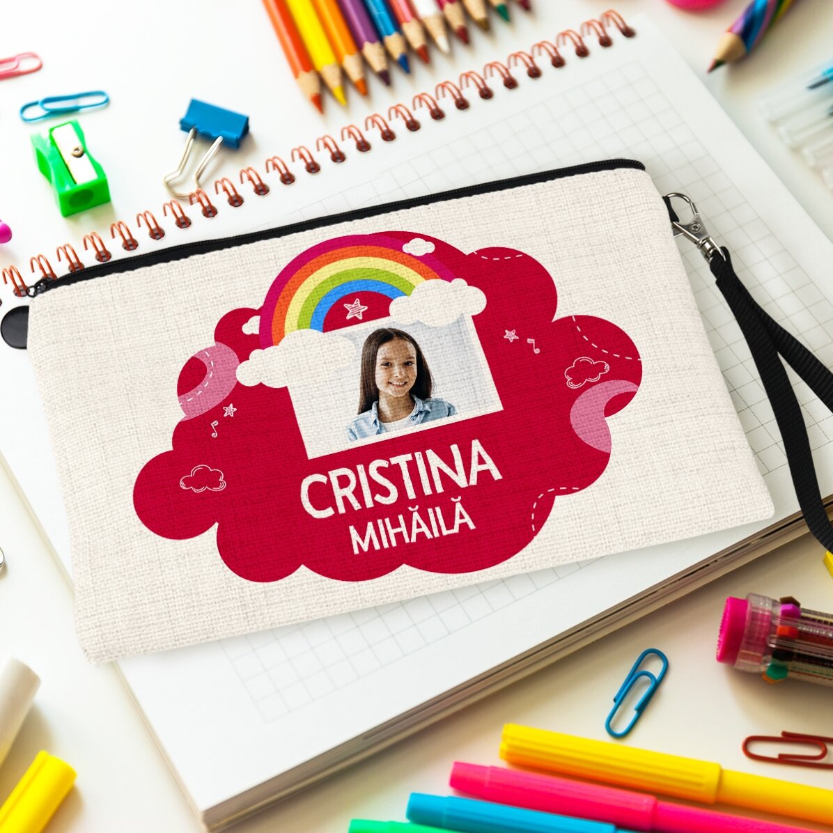 Estuche escolar personalizado con foto y texto - Modelo arcoíris