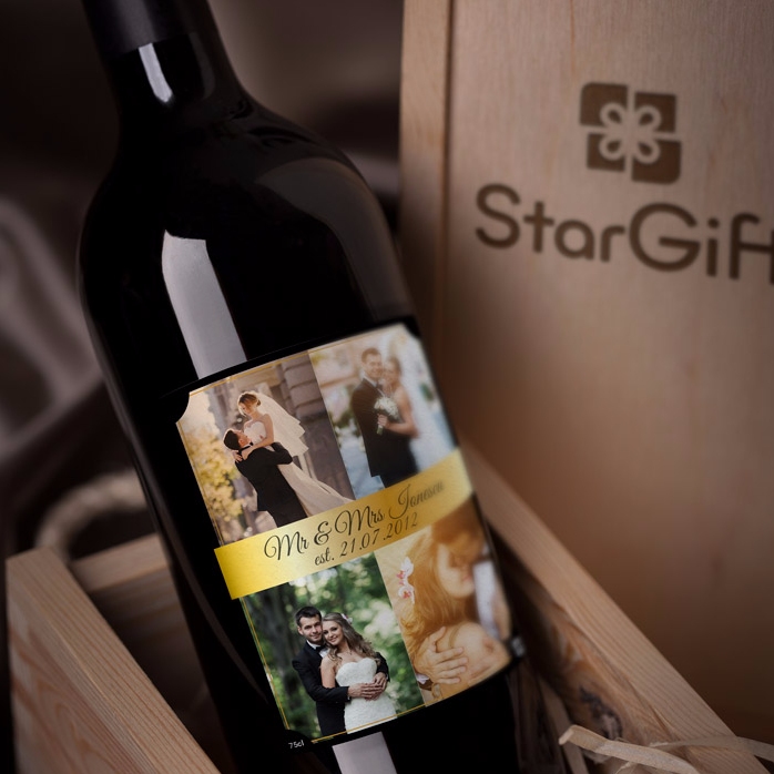 Vino personalizado con 4 fotos para una pareja
