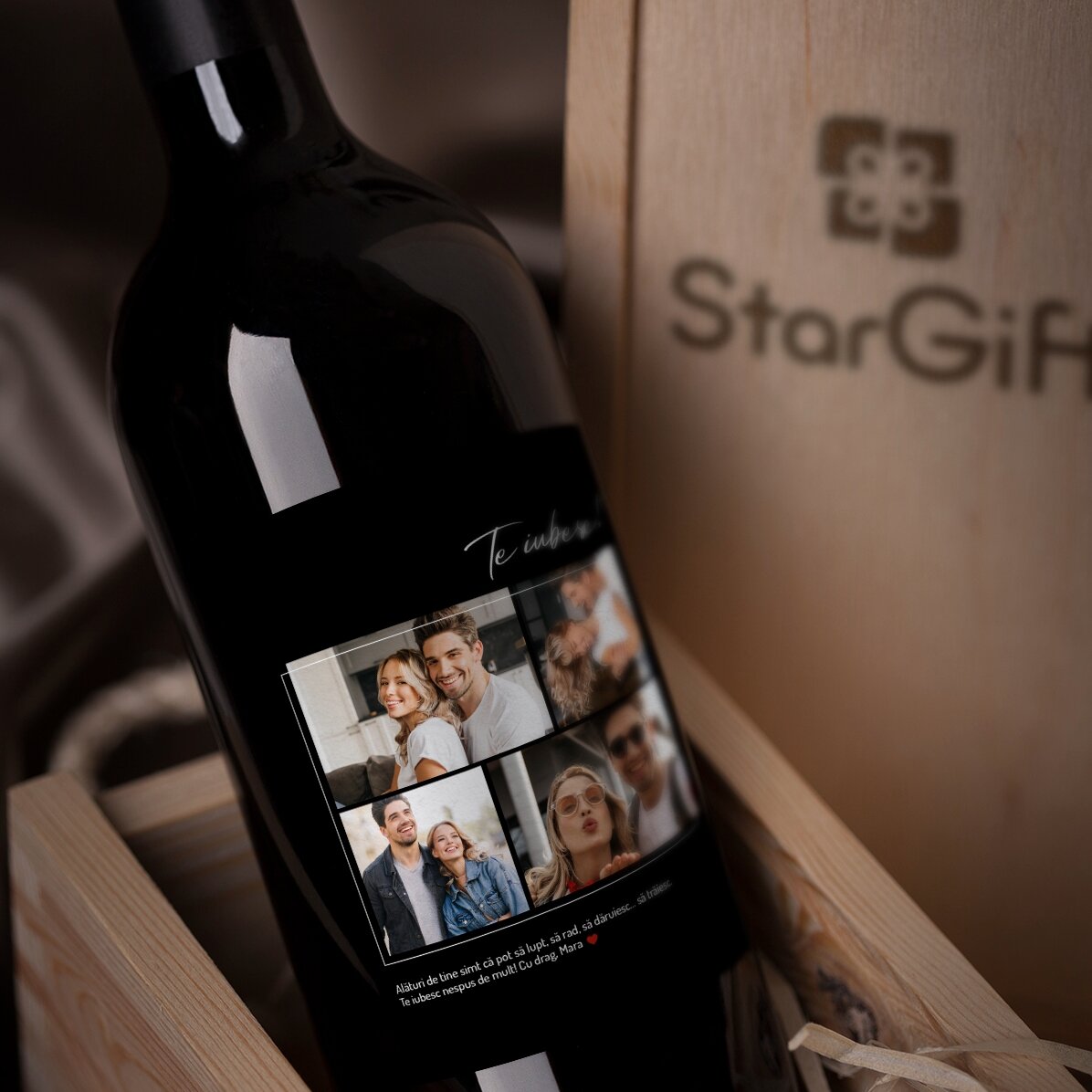 Vino personalizado con 4 fotos y un texto para mi novio