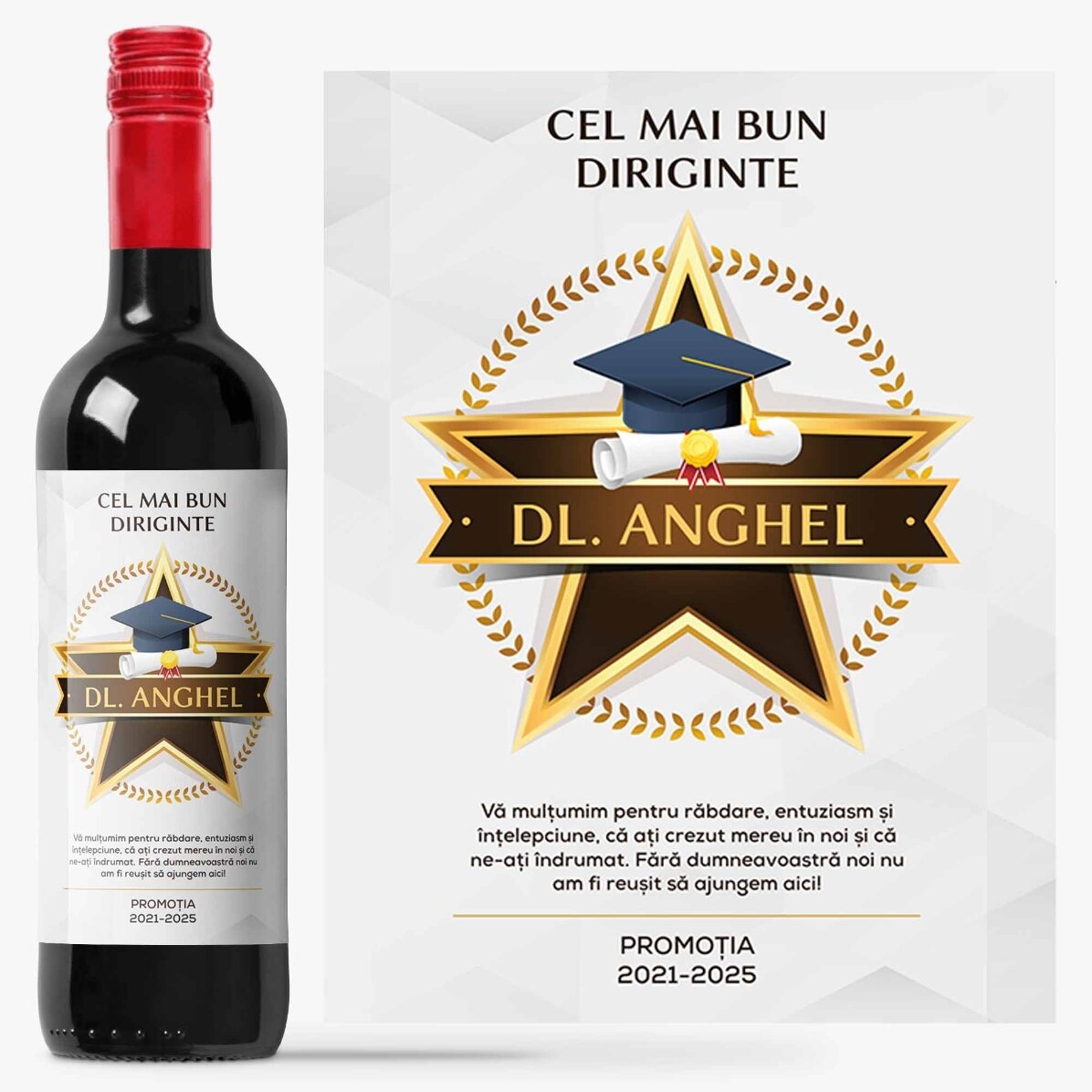 Vino personalizado con un mensaje de agradecimiento para los profesores