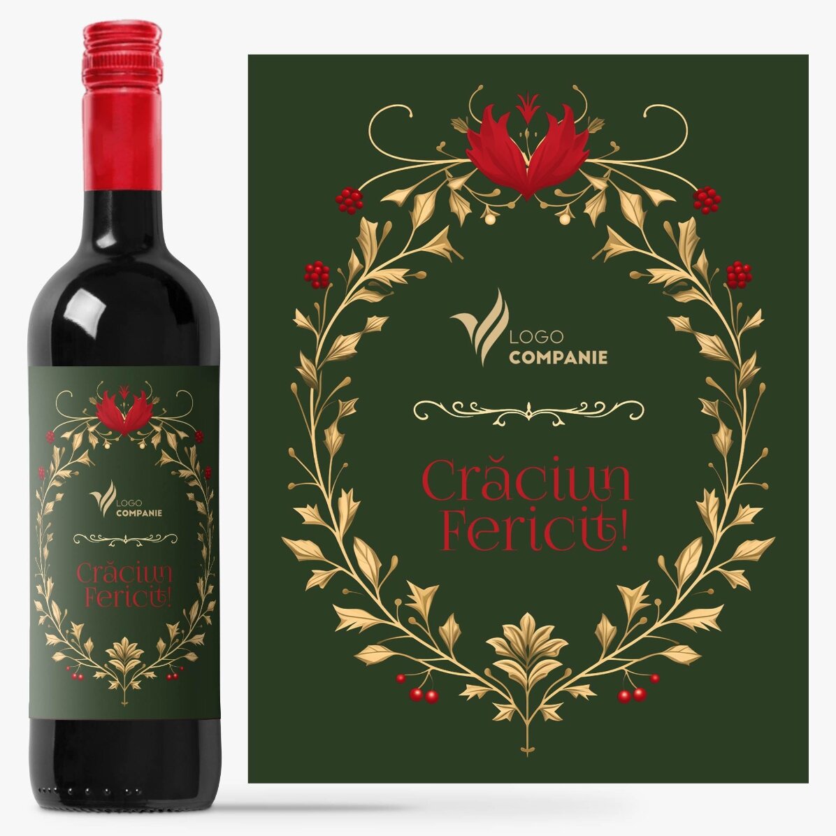 Vino personalizado con texto y logotipo: ¡Feliz Navidad!