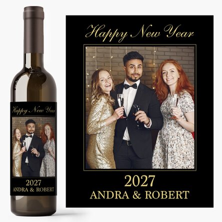 Vino personalizado con una foto y un texto: «Feliz Año Nuevo»