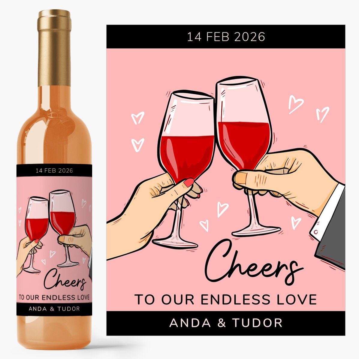 Vino personalizado con texto: «Cheers to our love»