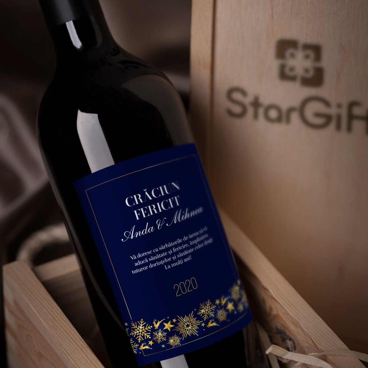 Vino personalizado con texto - Golden Snowflakes