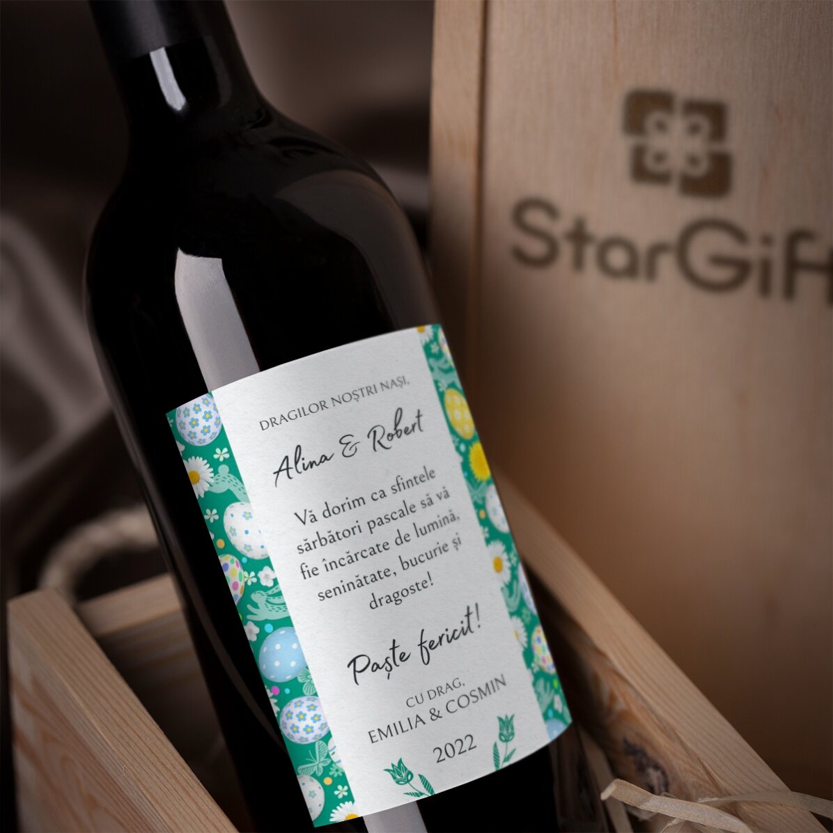 Vino personalizado con texto: mensaje de Pascua