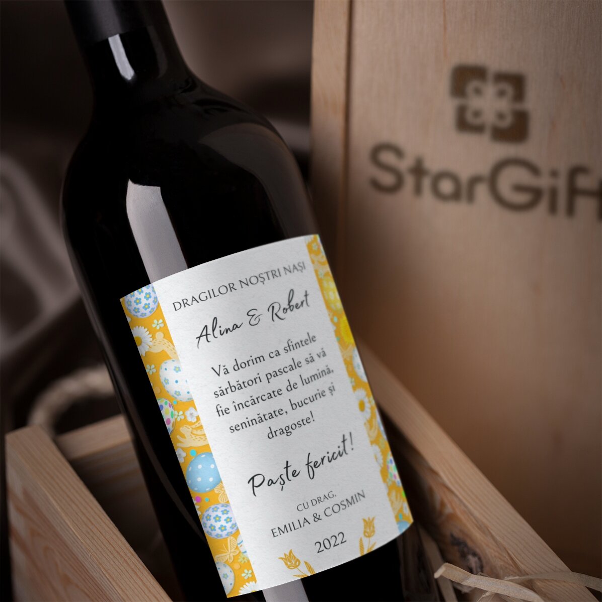 Vino personalizado con texto: mensaje de Pascua