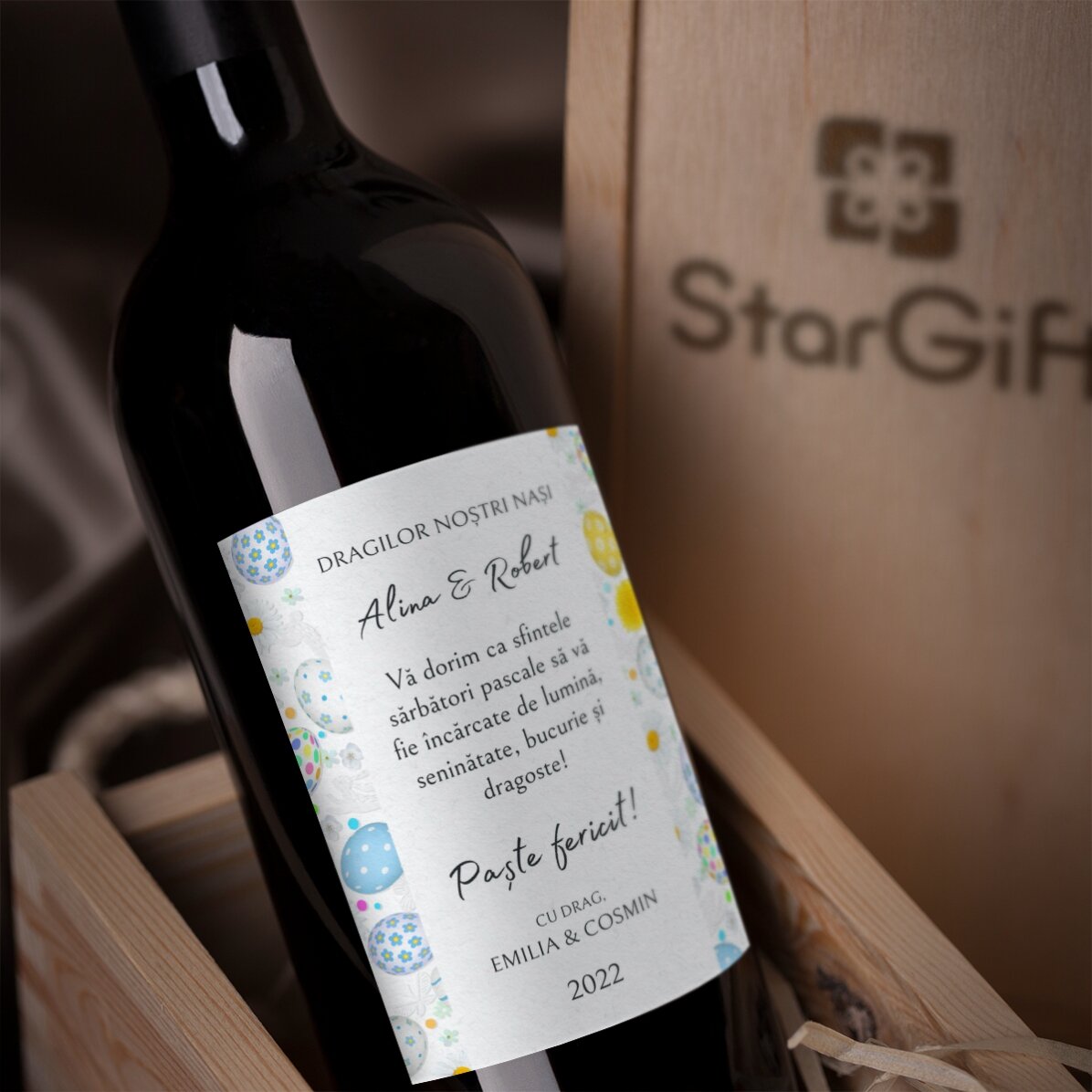 Vino personalizado con texto: mensaje de Pascua