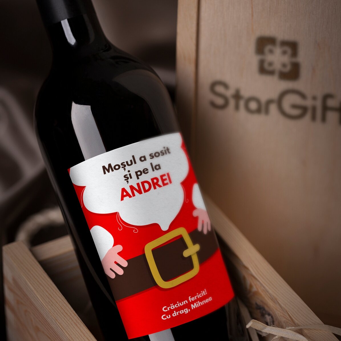 Vino personalizado con texto: «Ha llegado Papá Noel»