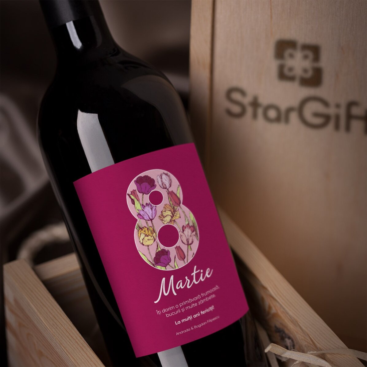 Vino personalizado con un mensaje para el 8 de marzo