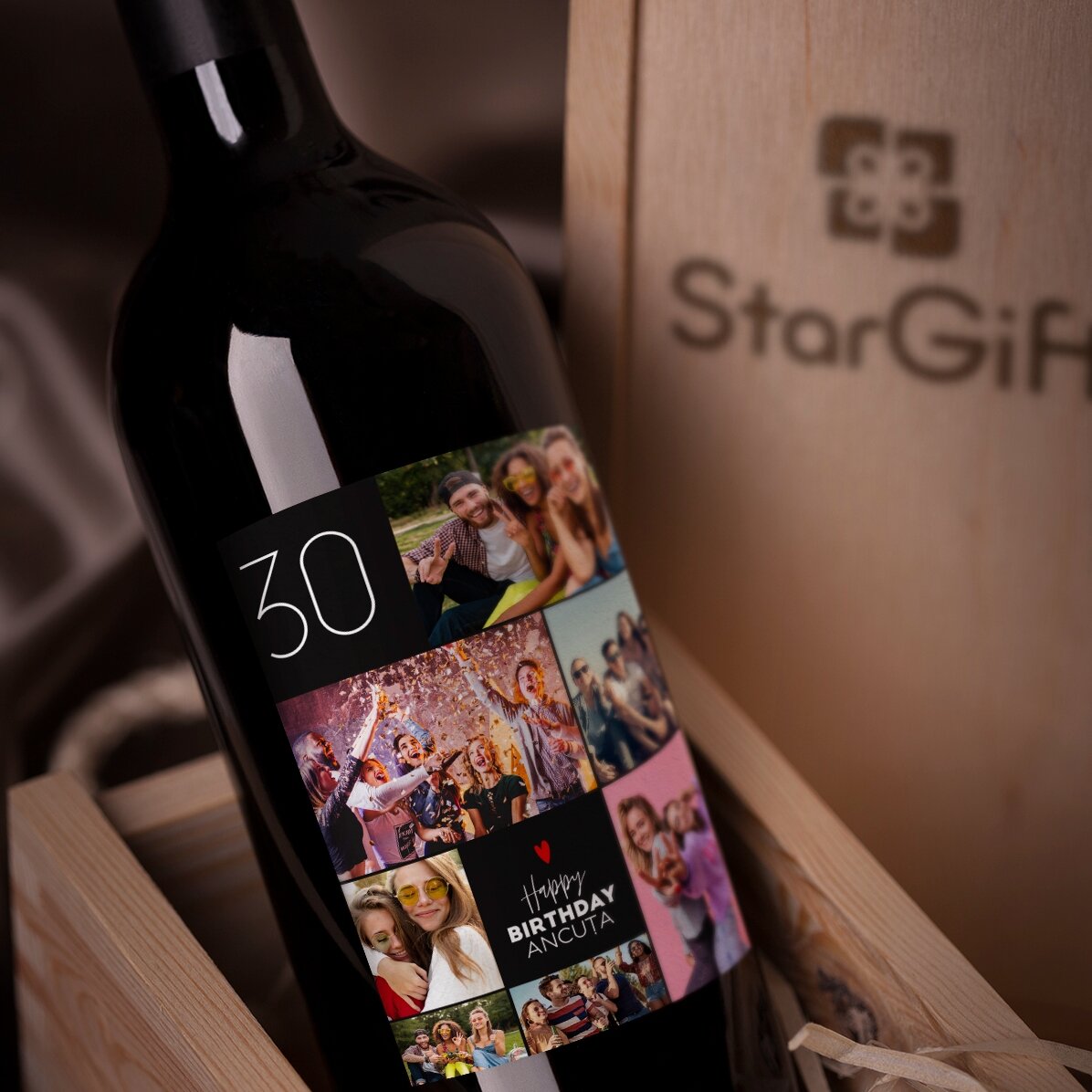 Vino personalizado con texto y 7 fotos para un cumpleaños: ¡Feliz cumpleaños!