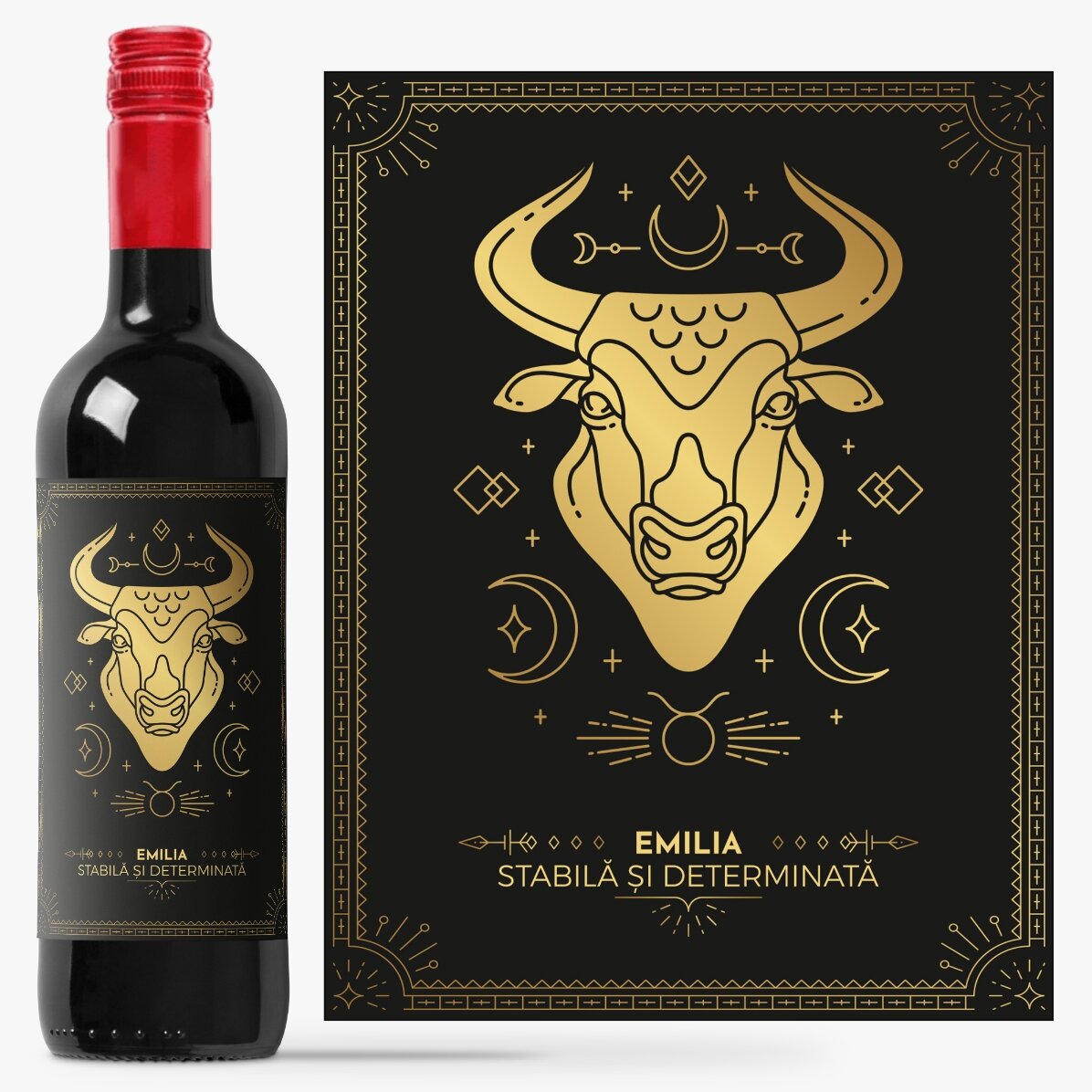 Vino personalizado con texto y signo del zodiaco: Tauro