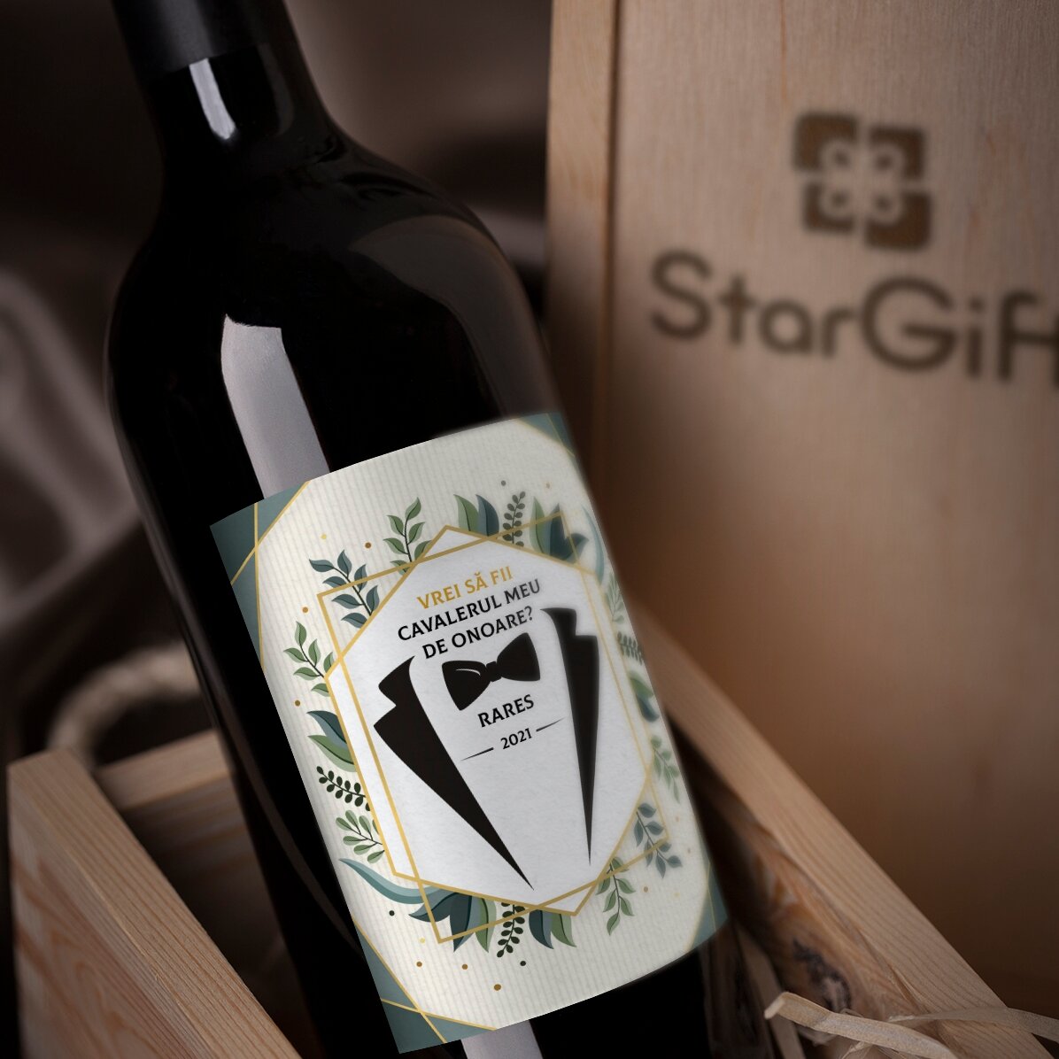 Vino personalizado con texto: «¿Quieres ser mi padrino de boda?»