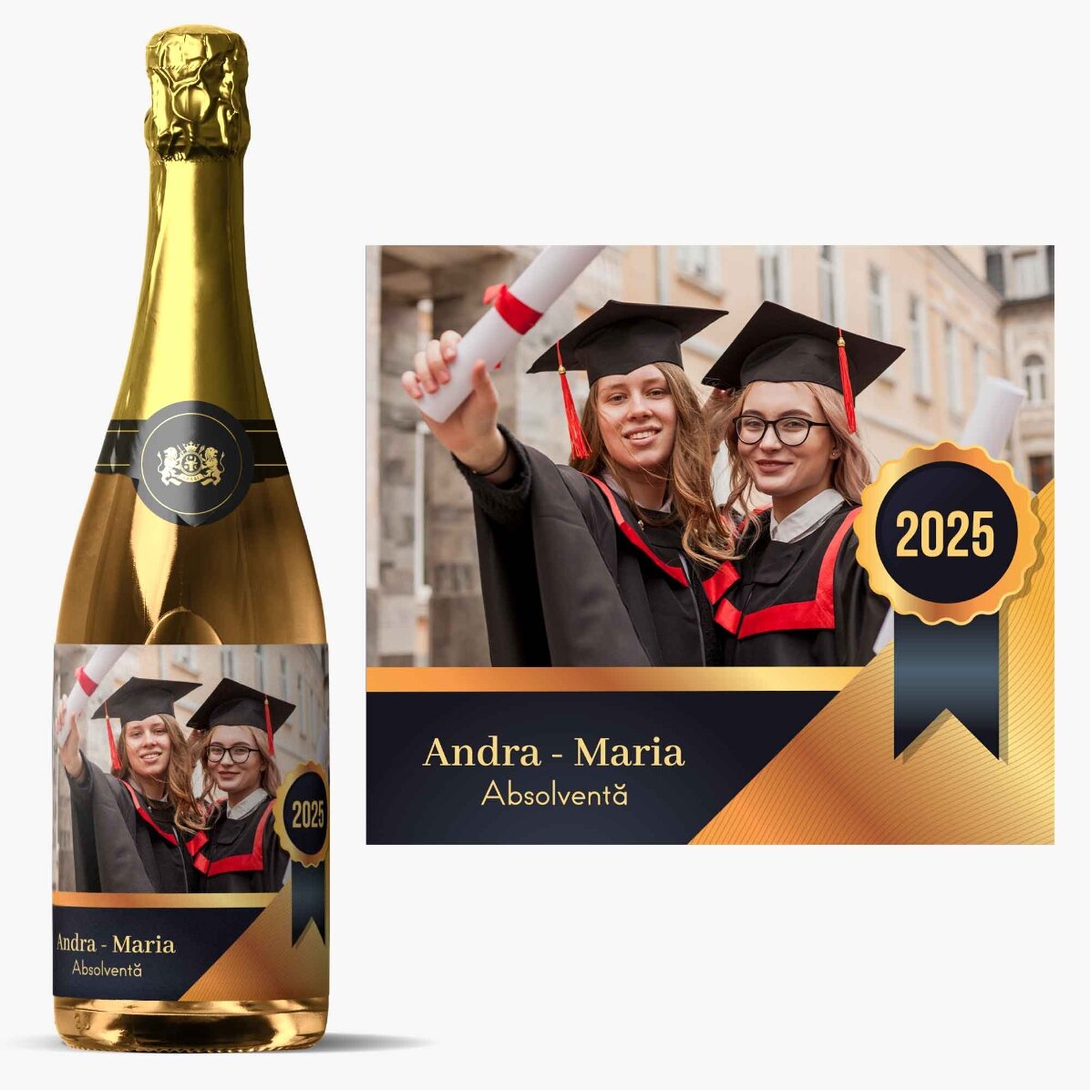 Vino espumoso personalizado con un mensaje y una foto - Graduación