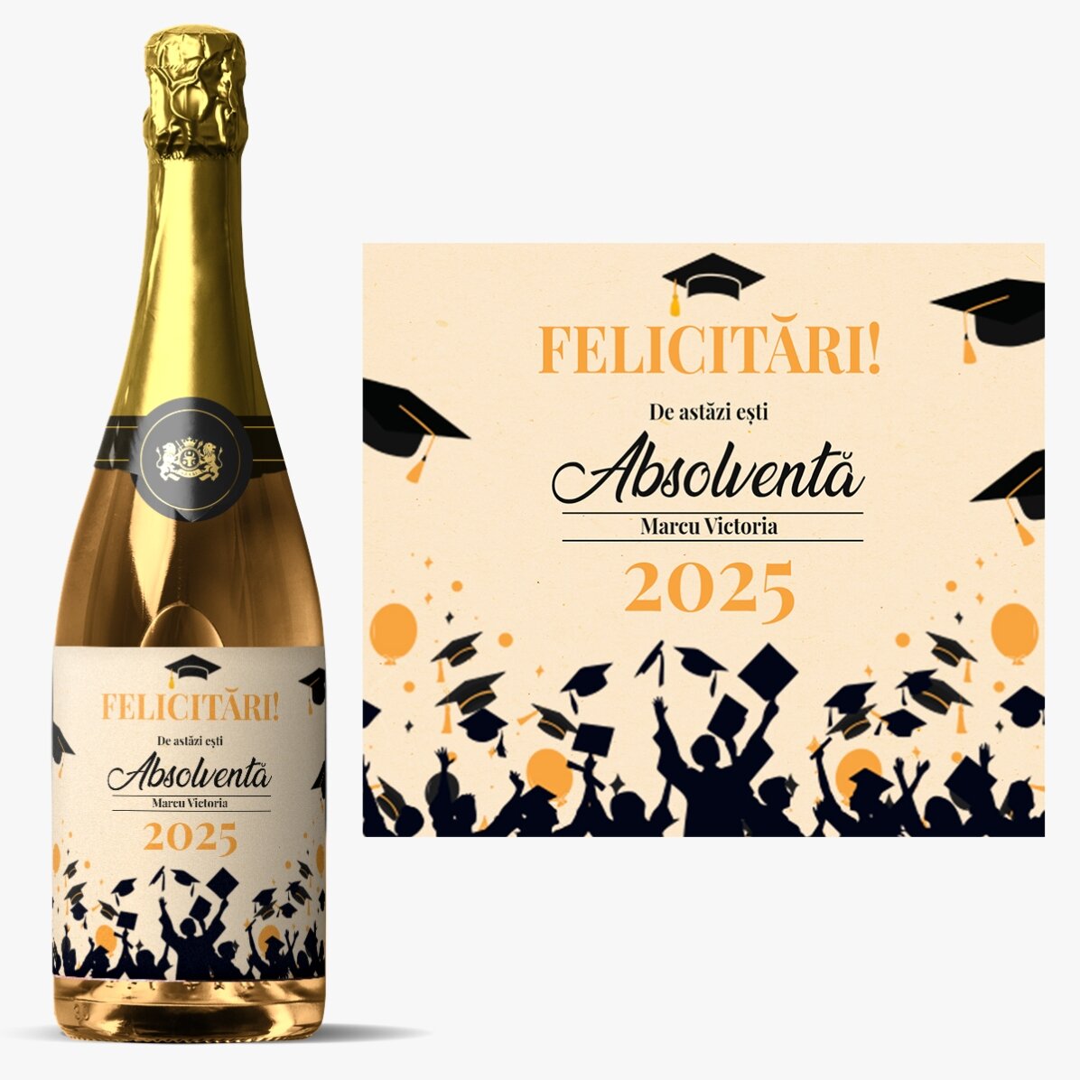 Vino espumoso personalizado con mensaje: «La alegría de la graduación»