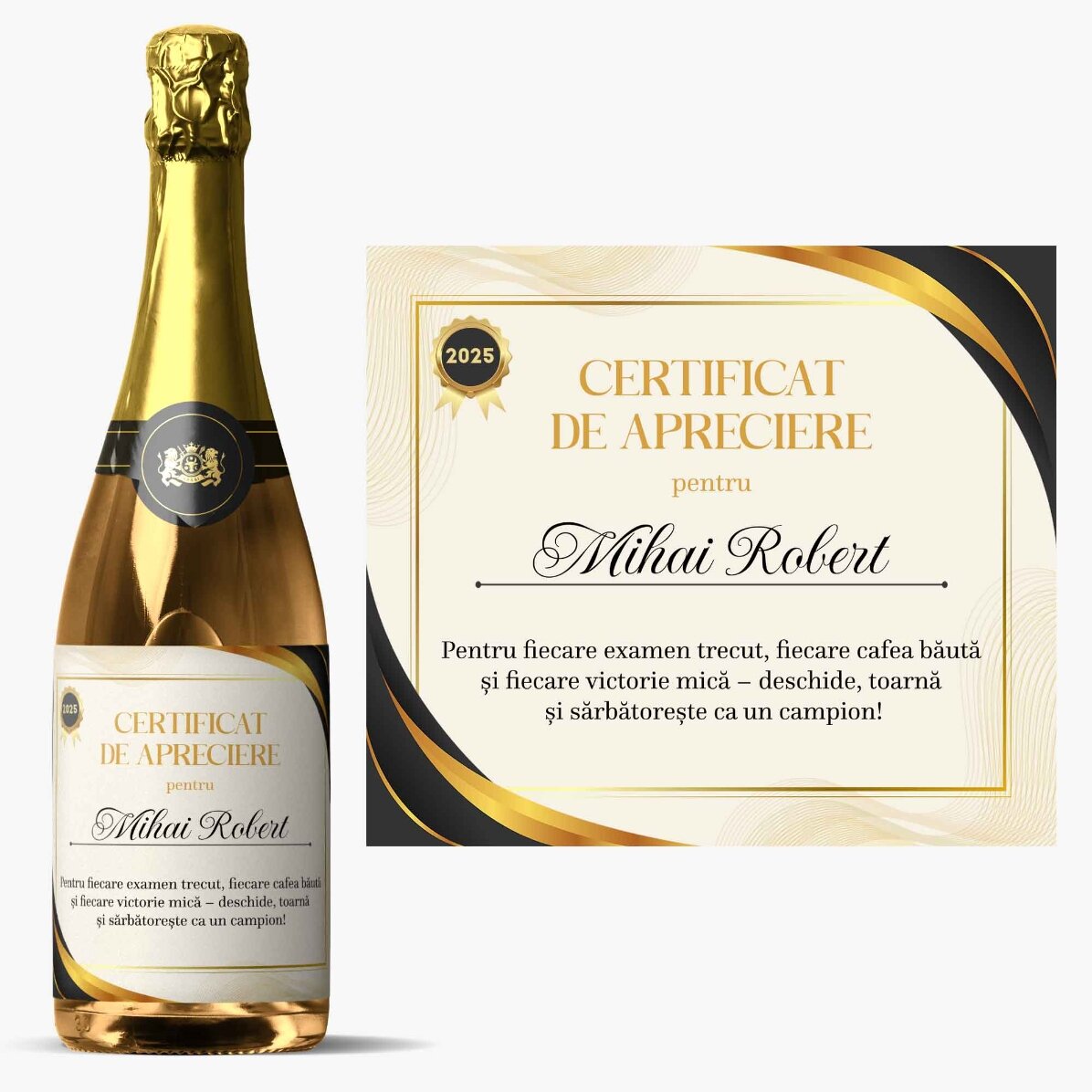 Vino espumoso personalizado con texto - Certificado de agradecimiento