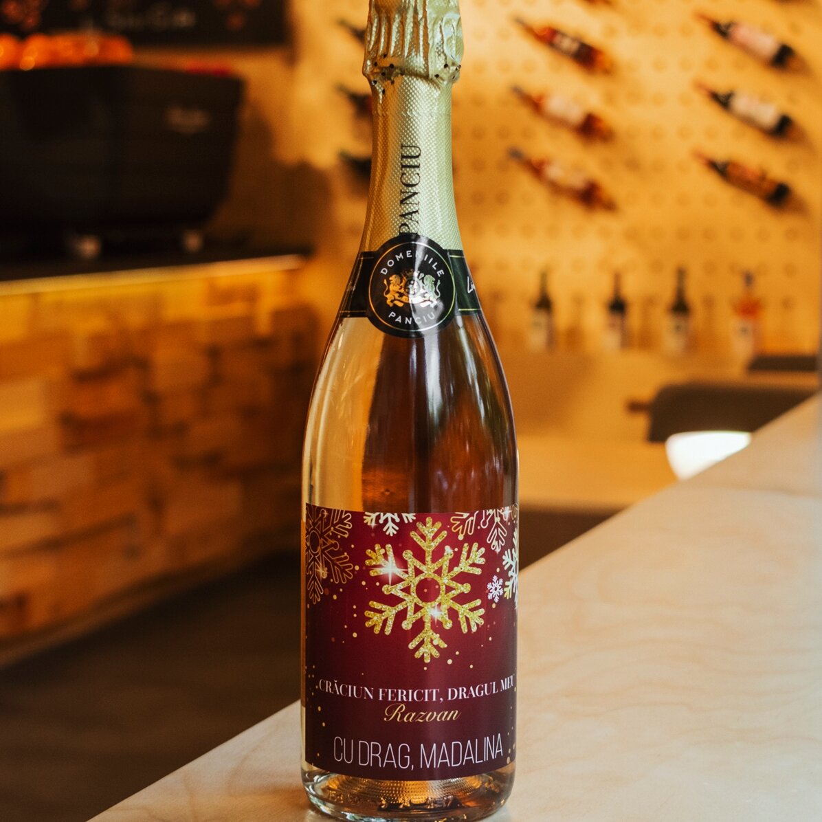 Vino espumoso personalizado con texto - Copos de nieve