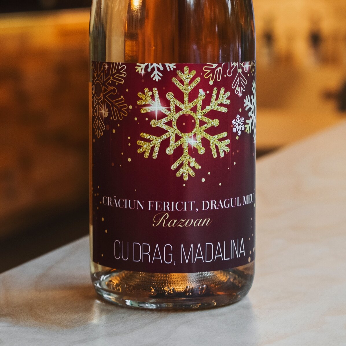 Vino espumoso personalizado con texto - Copos de nieve