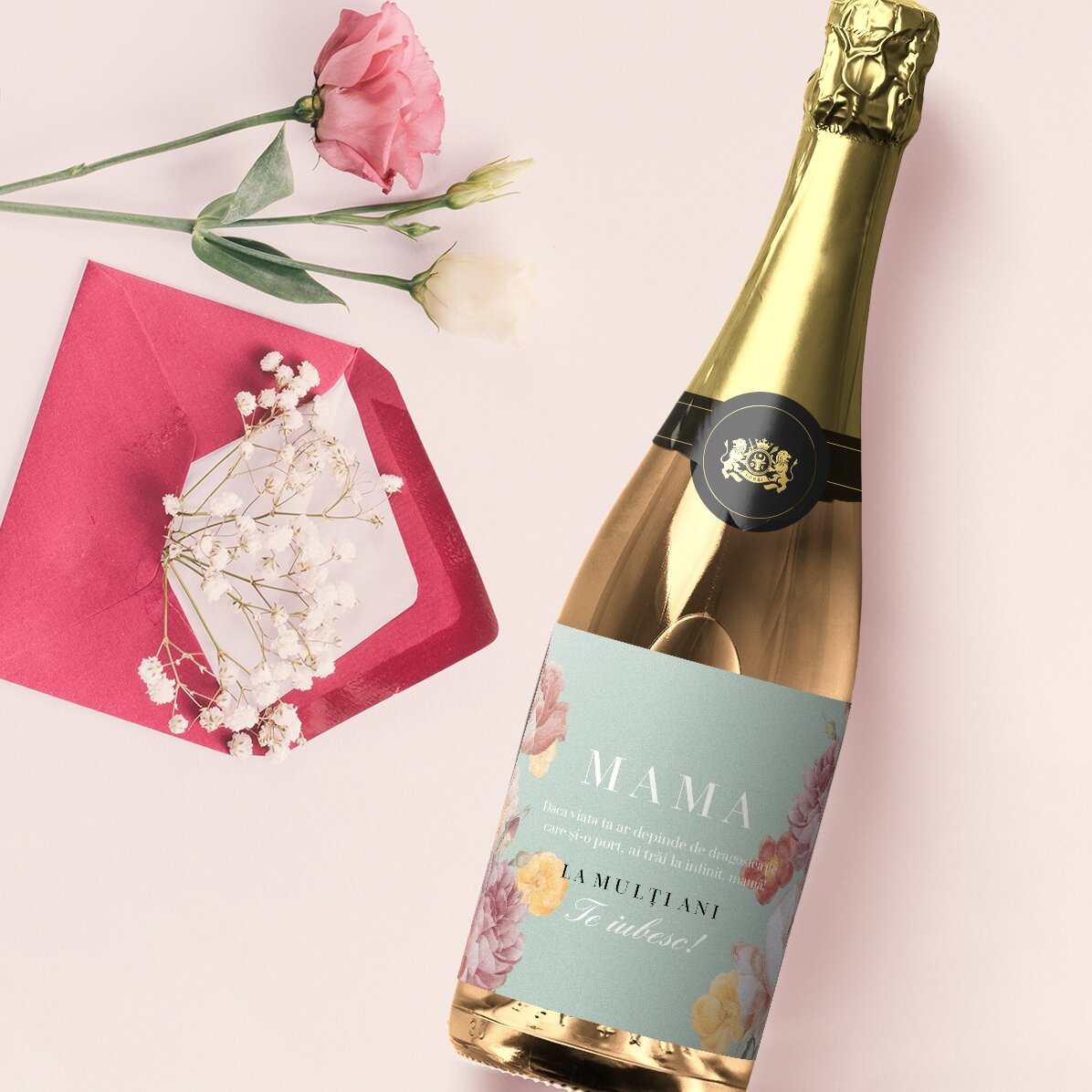 Vino espumoso personalizado con mensaje: «Querida mamá»