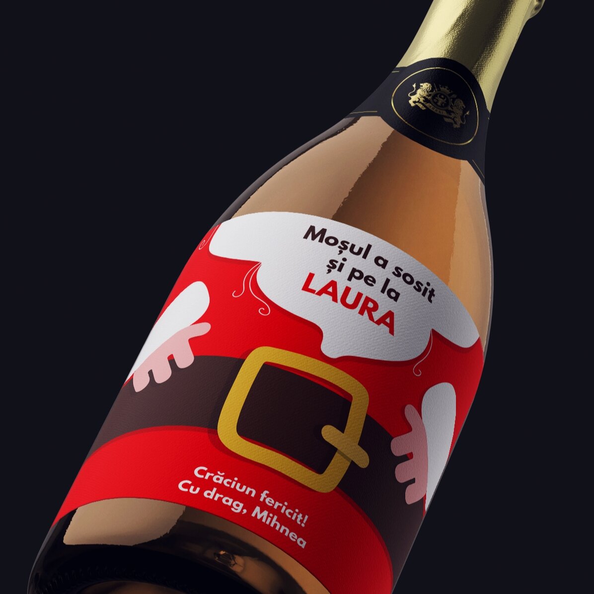 Vino espumoso personalizado con texto: «Ha llegado Papá Noel»
