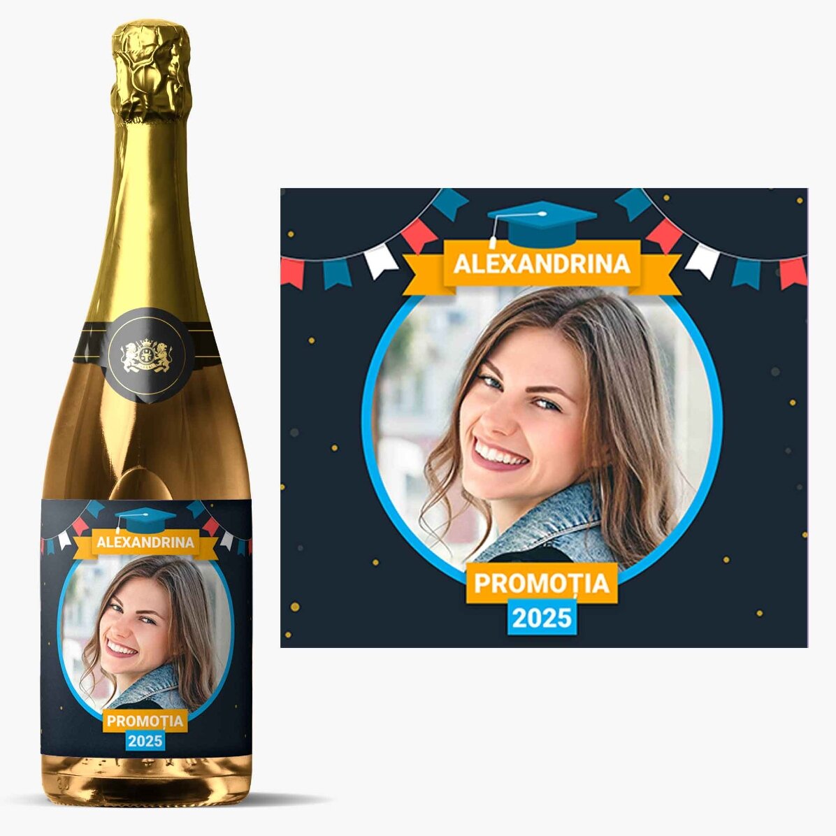 Vino espumoso personalizado con texto y foto para la graduación