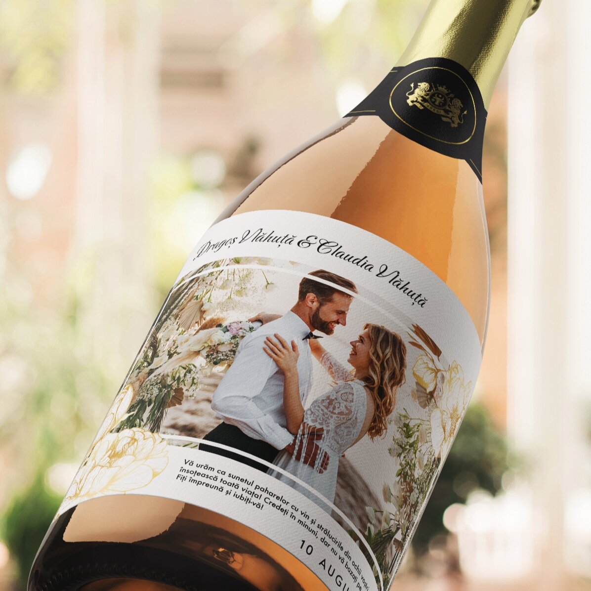 Vino espumoso personalizado con texto y foto - Felicitación de boda