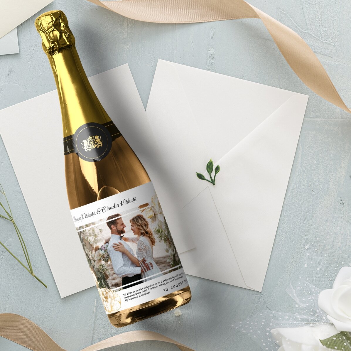 Vino espumoso personalizado con texto y foto - Felicitación de boda