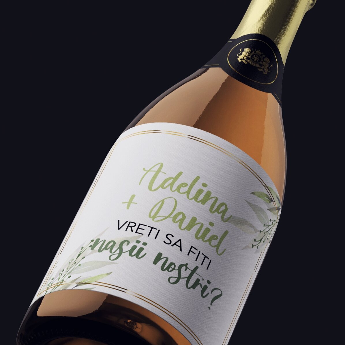 Vino espumoso personalizado con texto: «¿Queréis ser nuestros padrinos?»